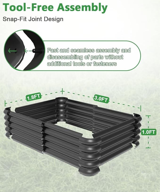 3.0x1.8x1.0ft Raised Garden Bed Kit, Rustproof PP Material Garden Box, Flower Bed with Tool-Free Assembly Design, Rectangular Planter Boxes for Outdoor Vegetables Flower Fruit Herb, Black