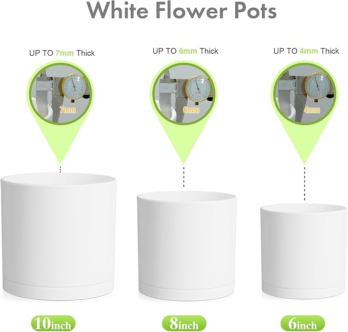 10/8/6 inch Deep Flower Pots, 3 Pack Cylinder Tall Plant Pots for Outdoor Indoor Plants, Large Decorative Plastic Planters with Drainage Holes and Saucers for Garden House Plants, White