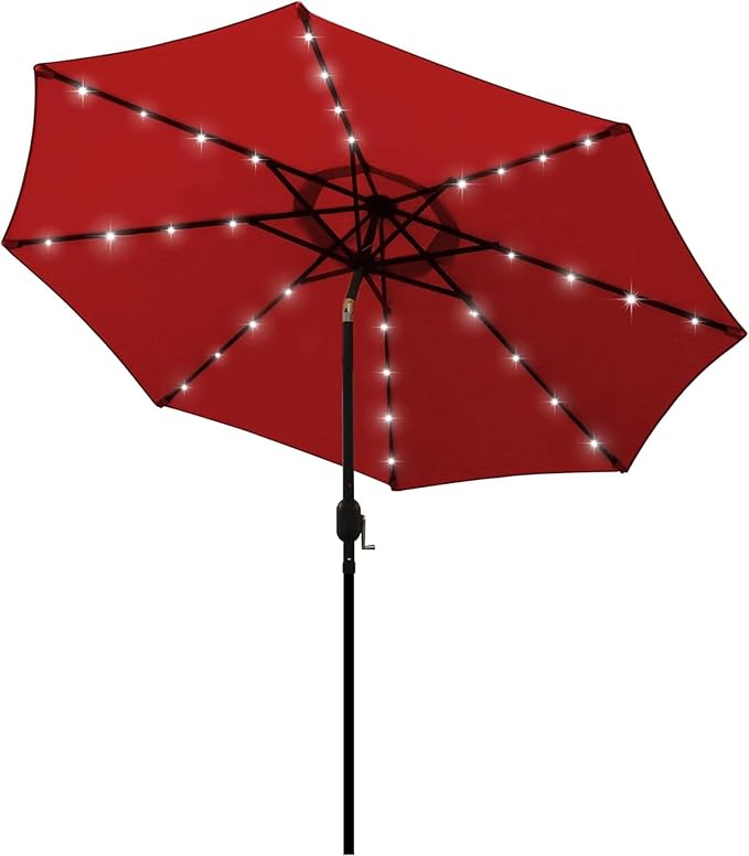 Blissun 9 ft Solar Umbrella, 32 LED Lighted Patio Umbrella, Table Market Umbrella, Outdoor Umbrella for Garden, Deck, Backyard, Pool and Beach (Red)