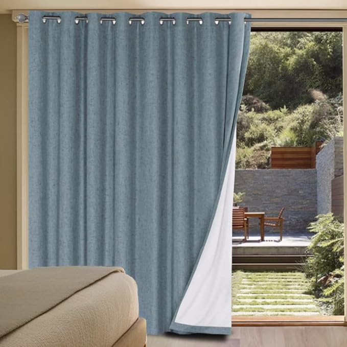 H.VERSAILTEX Linen Blackout Curtains Durable Thick Textured Linen Look 100% Blackout Patio Door Curtain Anti Rust Grommet Extra Wide Sliding Door Curtain Panel, W100 x L84 inch - Stone Blue
