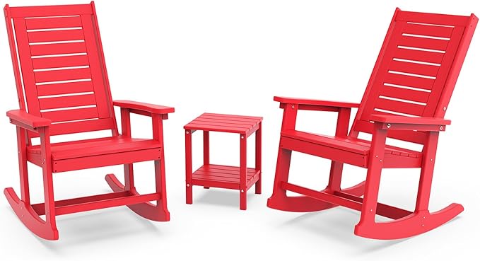 GREENVINES Outdoor Rocking Chair Set | 3-Piece | 2 Rocking Chairs with 1 Side Table | Porch Rocker | HDPE Plastic | Red | Patio Furniture Sets | High Back | Big & Tall | Ladder Back