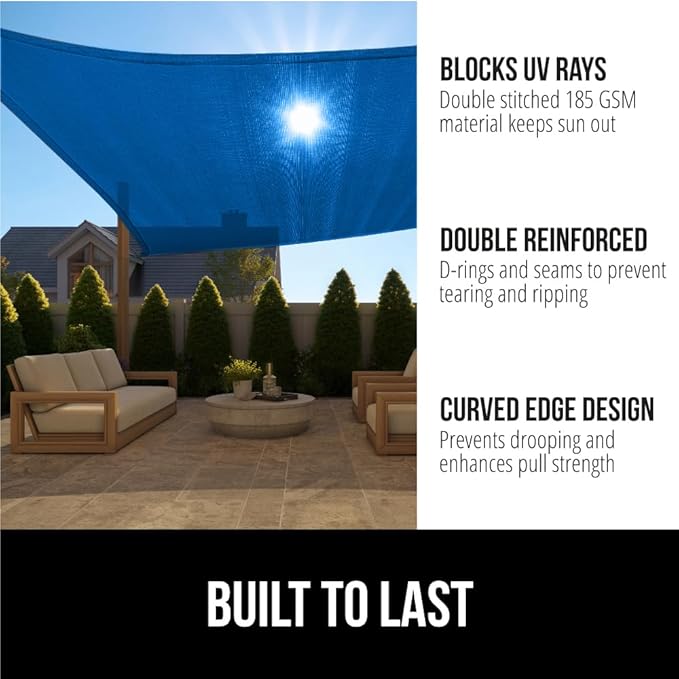 GORILLA GRIP Heavy Duty Sun Shade, UV Protection Fade Tear and Rust Resistant Rectangle Sunshade Canopy, Curved Edges Blocks Sunlight, Breathable Sail, Outdoor Patio, Lawn Garden 10x13 FT Blue