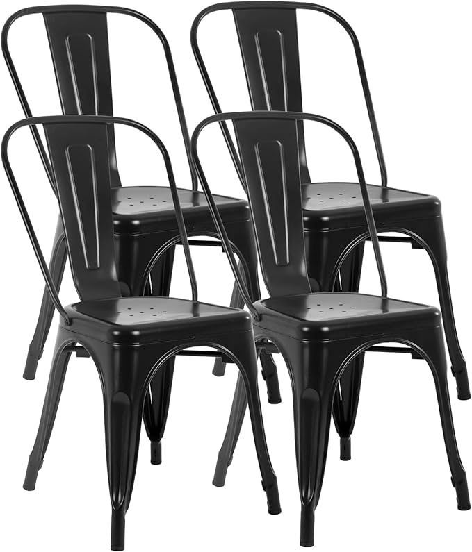 FDW | Metal Dining Chairs | Set of 4 | Black | Stackable Tolix Side Chairs with Backrest | Scratch-Resistant | Non-Slip Feet | Indoor/Outdoor Use | 330 lbs Capacity | for Kitchen & Restaurant