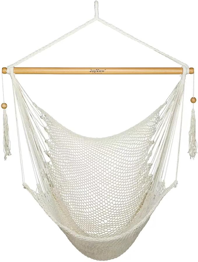 JoyView Hammock Chair with Spreader Bar Caribbean Hammock Swing Chair 300 LBS Weight Capacity XL Rope Hanging Chair for Outdoor Indoor Garden Yard - Natural White