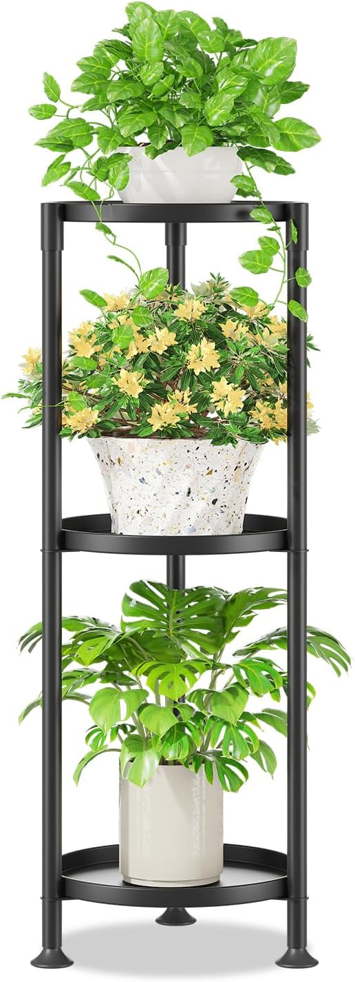 iDavosic.ly 3 Tier Plant Stand Indoor with 10 Inch Wide Tray, Tiered Corner Metal Outdoor Flower Display Holder, Vertical Tall Rack for Patio Porch Living Room, Modern Black