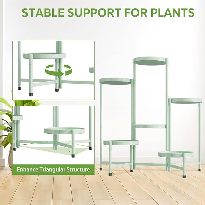 iDavosic.ly 6 Tier Large Plant Stand Indoor, 10 Inch Wide Tall Corner Metal Plant Stands Outdoor for Multiple Plants, Folding Tiered Flower Display Holder Rack Shelf, Light Green
