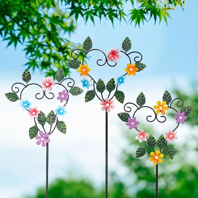 Metal Flowers Decorative Garden Stakes, 22.1 ''H Heart Shape Metal Flowers for Outside Yard Art Garden Stakes,Spring Outdoor Decor Housewarming Present for Women Mom Grandma