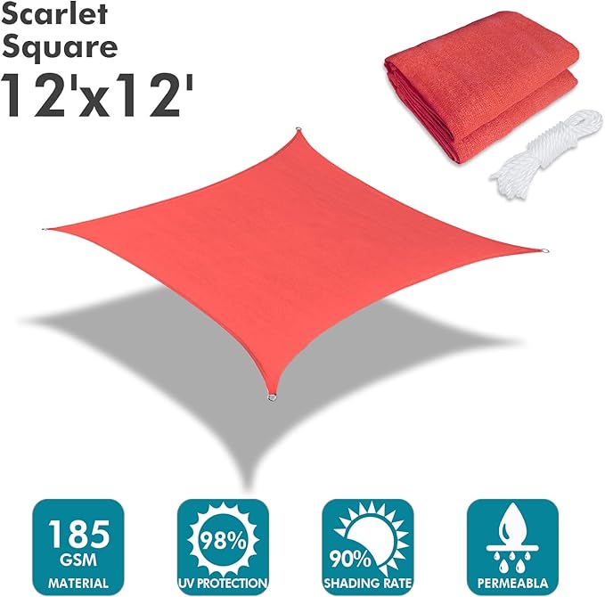KANAGAWA Sun Shade Sail 12'x12' Scarlet Square UV Block Canopy Awning Shelter Fabric Cloth Screen for Outdoor Patio Garden Backyard