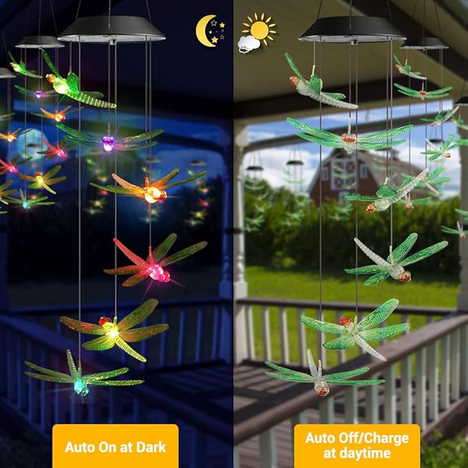 Toodour Solar Wind Chimes Outdoor, Color Changing Solar Lights Dragonfly, Gifts for Mom Grandma, Waterproof Decorative Mobile Light, Gardening Gift for Garden,Patio, Window, Yard, Outdoor Decor