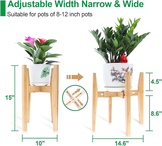 OERGKE Adjustable Plant Stand Indoor, Bamboo Mid Century Modern Plants Stands, Corner Flower Holder for Living Room, Fits 8 to 12 Inches Pots, (Pot & Plant Not Included)(Nature, 1 Pack)
