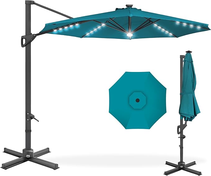 Best Choice Products 10ft Solar LED Cantilever Patio Umbrella, 360-Degree Rotation Hanging Offset Market Outdoor Sun Shade for Backyard, Deck, Poolside w/Lights, Easy Tilt, Cross Base