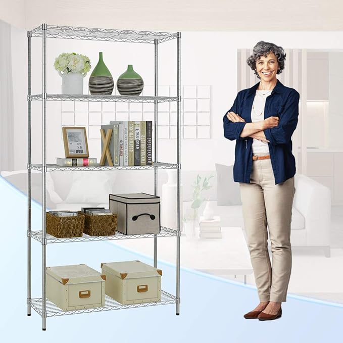 BestOffice | 5-Tier Wire Storage Shelves | 36x14x72 | Chrome | with Adjustable Racks | Heavy-Duty Metal Shelf, Holds Upto 1000 lbs | No-Tool Assembly | Ideal for Home & Garage Shelving