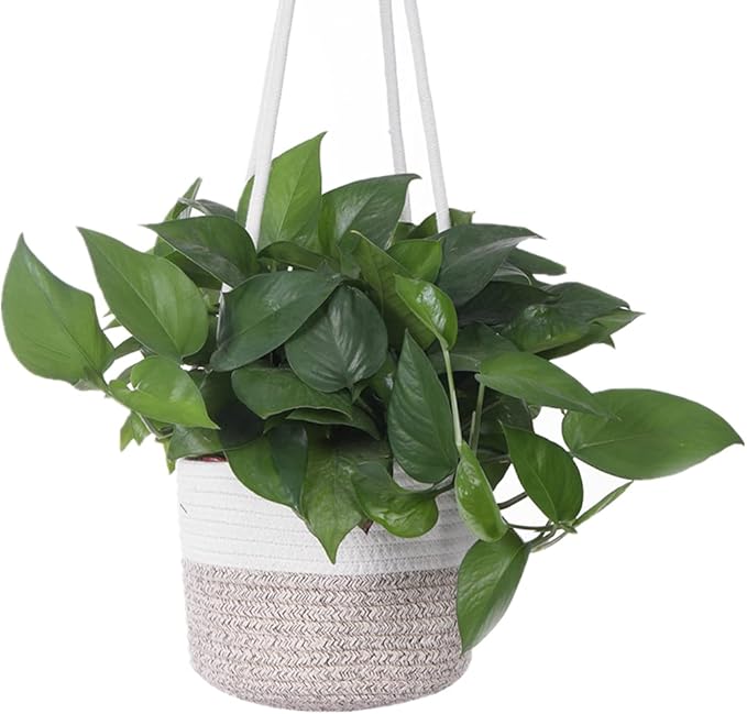 Hanging Planter Basket Jute Rope Woven Plant Hangers Indoor Hanging Plant Holder Up to 7" Pot Macrame Modern Storage Organizer Home Decor (White & Brown)