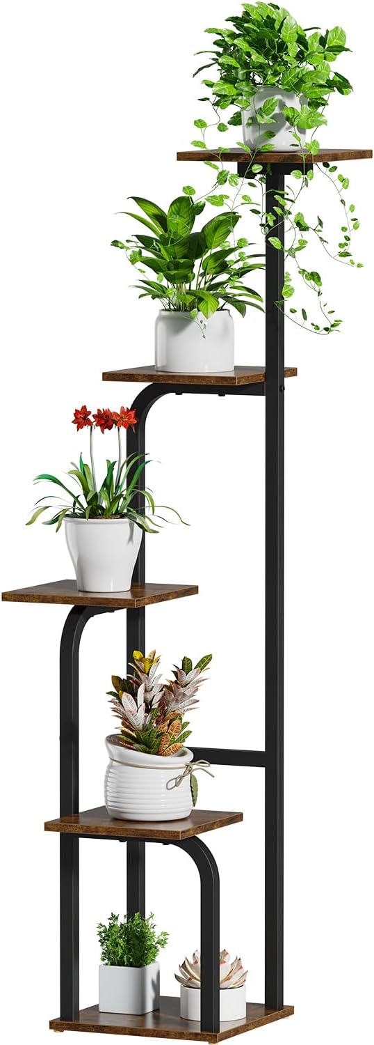 5 Tier Plant Stand Indoor, Plant Shelf for Multiple Plants, Flower Pot Holder Shelf, Planter Display Rack for Patio Garden Balcony Living Room Bedroom Decor, Rustic Brown
