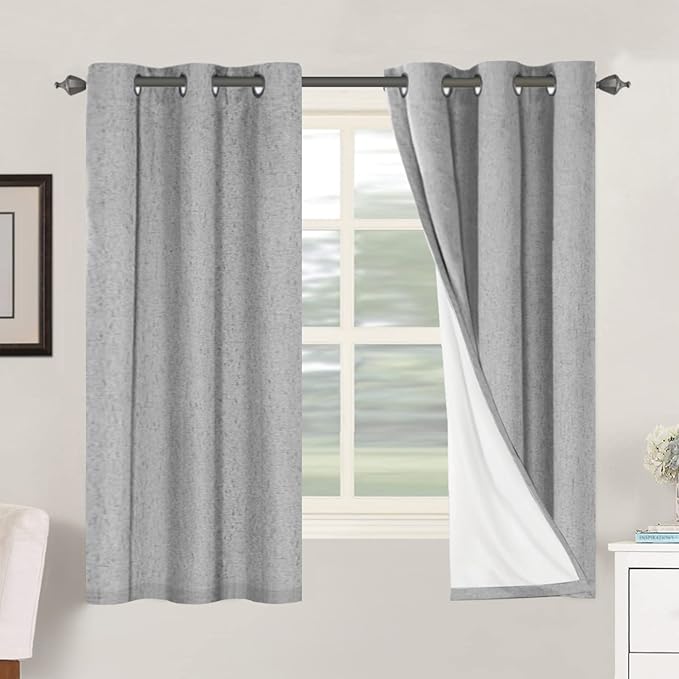 H.VERSAILTEX Primitive Linen Curtains 100% Blackout Curtain Drapes Burlap Curtains with White Thermal Insulated Liner, Grommet Top Drapes Living Room/Bedroom (2 Panels, 42 x 63 Inch, Dove Gray)