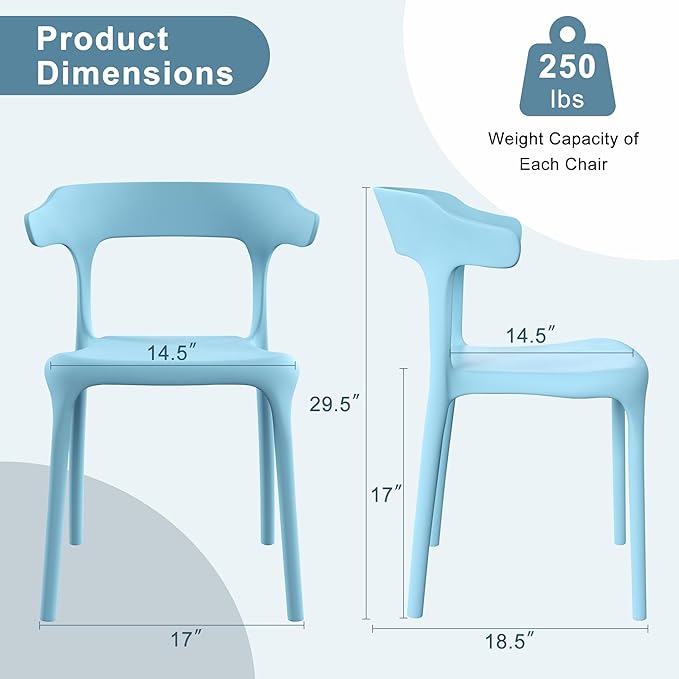 VECELO 4 Pack Plastic Stacking Chairs, Stackable Dining Chairs for Kitchen Restaurant Patio, Portable Indoor Outdoor Use, No Assembly Required, Blue