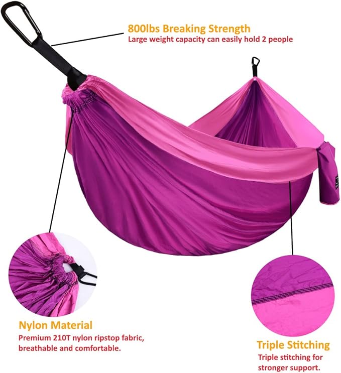 Gold Armour Camping Hammock - XL Double Hammock Portable Hammock Camping Accessories Gear for Outdoor Indoor with Tree Straps, USA Based Brand (Fuchsia and Pink)
