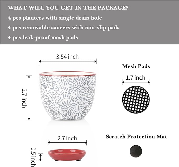 Selamica Ceramic Succulent Pots with Drainage Holes, Small Flower Pots 3.5 Inch Plant Pots for Indoor Plants with Saucers, Cactus Succulent, Home Decor, Set of 4, Assorted Colors