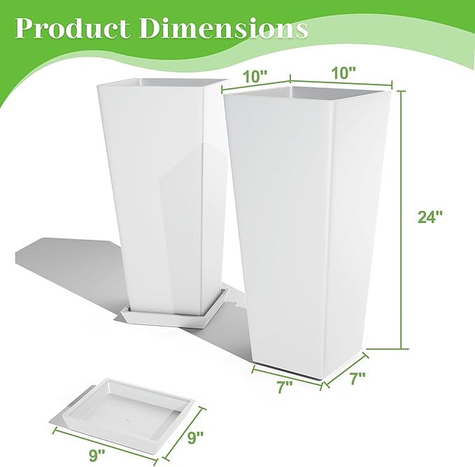 FENCY Set of 2 Tall Planters for Outdoor Plants, 24 Inch Large Tapered Pots with Drainage Trays, Weather-Resistant Plastic Plant Containers for Patio, Porch, Garden, Front Door Decor,White