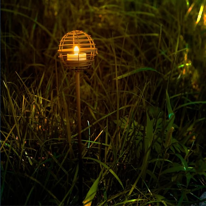 Solar Pathway Lights Outdoor, Rust Iron Ball Candle Holder Stake with Flickering Solar Powered Tea Lights, Perfect Decorative Garden Lighting for Yard Lawn Patio Landscape Decor Outside-4Pack