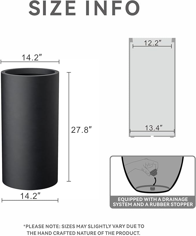 Kante 27.8 Inch Tall Cylindrical Planter, Large Round Plant Pots with Drainage Hole, Made with Concrete, Suitable for Indoor Outdoor Plants, Home Decor, Black