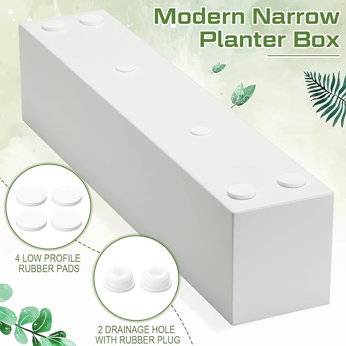 16.1 x 3.2 x 3.5 Inch Long Rectangular Planter Box Window Sill Plant Box Metal Water Trough Indoor Large Modern Steel with Drainage Holes Herb Garden Home(White)