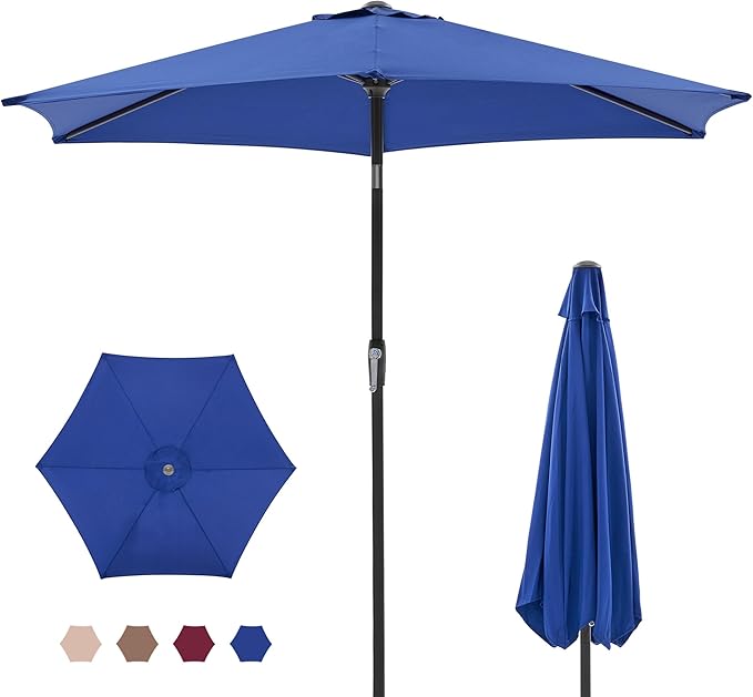 OLIXIS 7.5ft Patio Umbrella with Tilt and Crank Button & 8 Sturdy Ribs Waterproof, Patio Table Umbrella Perfect for Poolside, Terrace, Beach and Outdoor Restaurant, Blue