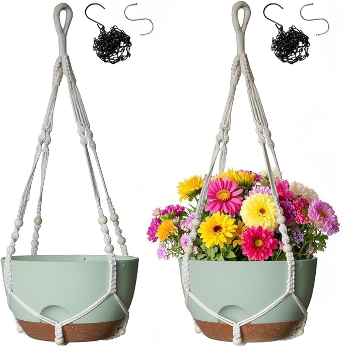 12 Inch Hanging Baskets for Plants Outdoor, Hanging Planters for Indoor Outdoor Plants, Hanging Planter with Self Watering, Hanging Flower Pots (Green Planter with Macrame + Iron Hangers)