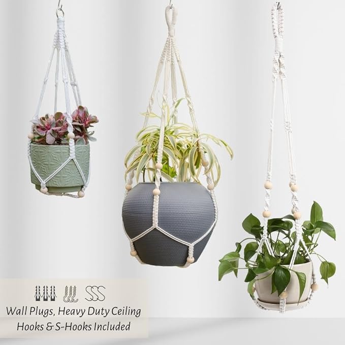 3 Pack Macrame Plant Hanger, Hanging Planters for Indoor Plants Holder With Wood Beads, No Tassels Hanging Plant Holder 3 Hooks, Different Size Boho Plant Hanger, Home Decor, Ivory (POTS NOT INCLUDED)
