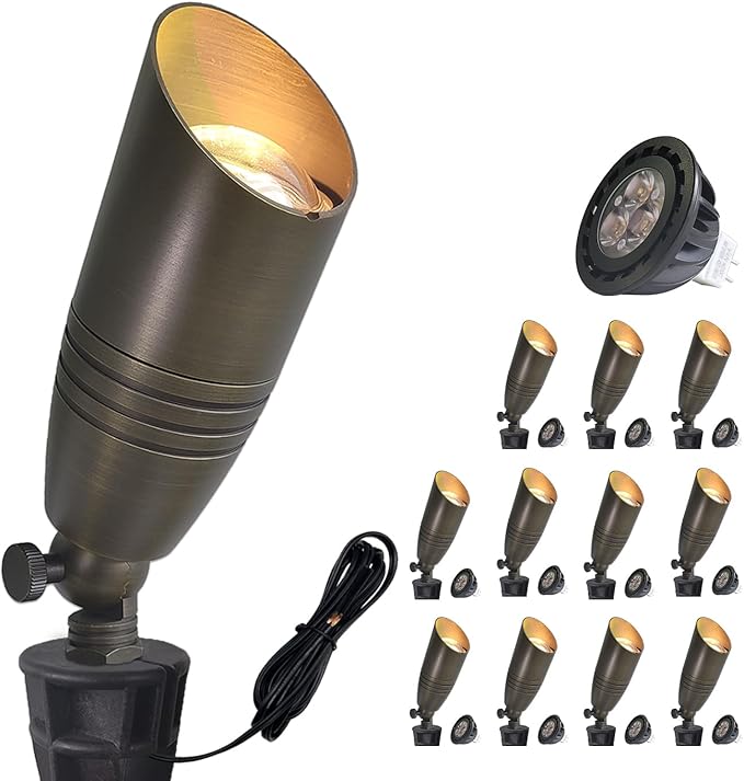 COLOER Brass Landscape Spotlights, 12 Pack Landscape Light Fixture with 5W Aluminum Housing MR16 LED Bulb 2700K 450LM, 12V AC/DC Low Voltage Outdoor Spot Lighting, Uplight for Garden and Patio(102B)
