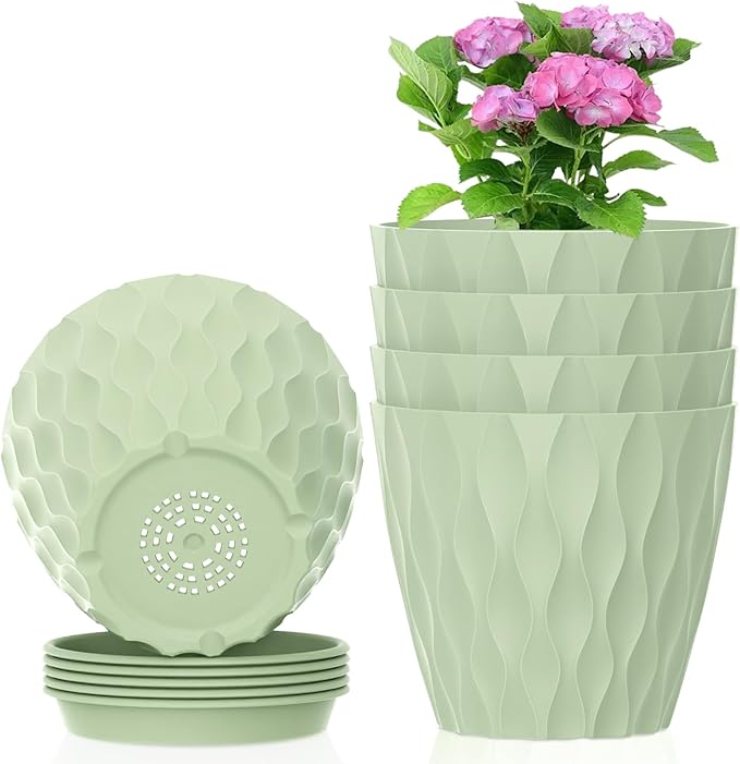 4 inch Small Plastic Nursery Pots, 5 Pack Water Ripples Plant Pots for Indoor Plants, Flower Pots with Drainage Holes and Saucers, Seeding Starter Planters for Decorative, Green