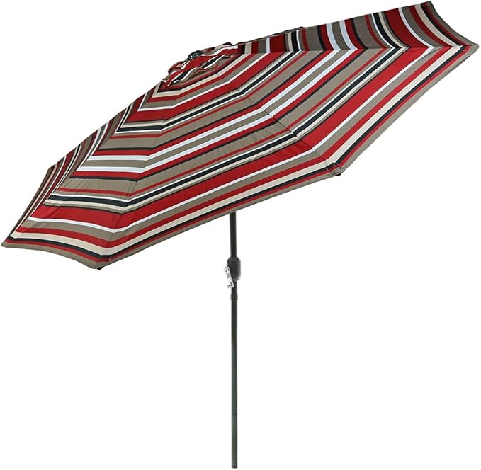 Sunnydaze Outdoor Patio Umbrella - Polyester Table Market Umbrella with Push-Button Tilt and Crank - 8 Sturdy Ribs - Awning Stripe - 9ft