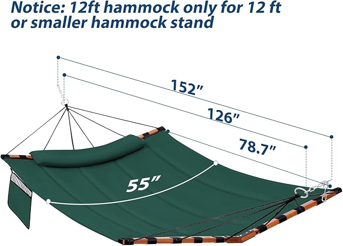 12FT 2 Person Hammock TegerDeger Large Hammock 450LB Capacity with V Shaped Hardwood Spreader Bar & Nylon Rope for Outside, Patio, Garden, Backyard, Beach, Poolside - Dark Green