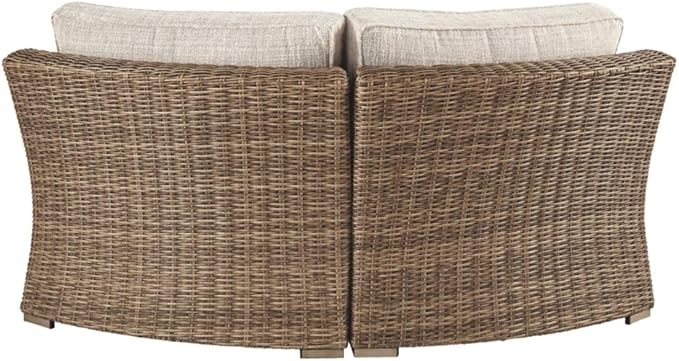 Signature Design by Ashley Beachcroft Outdoor Curved Corner Chair with Cushion, 2 Pillows, Performance Fabric, Resin Wicker, 18.5" Seat Height, Beige