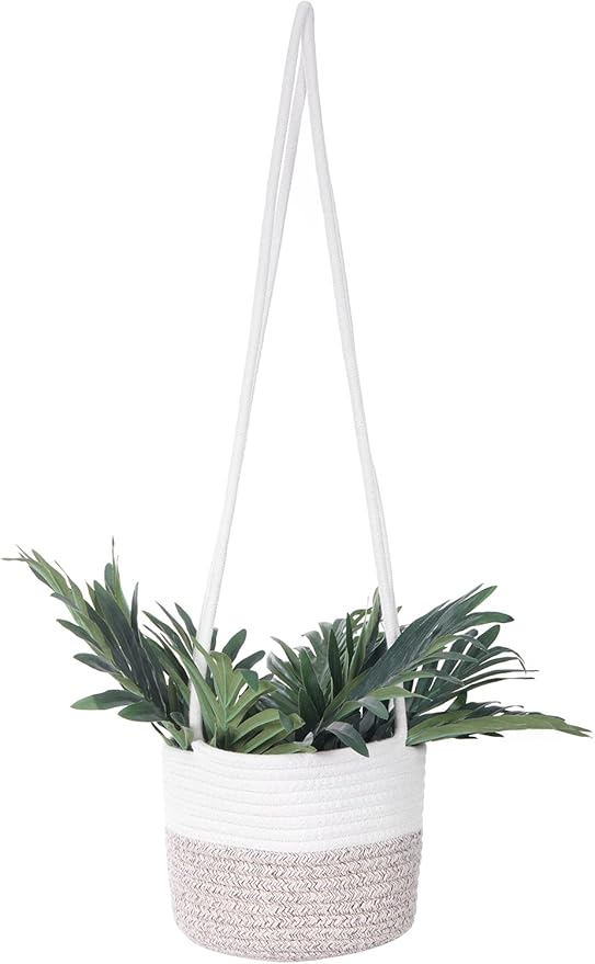 Hanging Planter Basket Jute Rope Woven Plant Hangers Indoor Hanging Plant Holder Up to 7" Pot Macrame Modern Storage Organizer Home Decor (White & Brown)