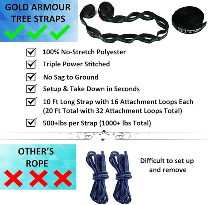 Gold Armour Camping Hammock - XL Double Hammock Portable Hammock Camping Accessories Gear for Outdoor Indoor with Tree Straps, USA Based Brand (Green)