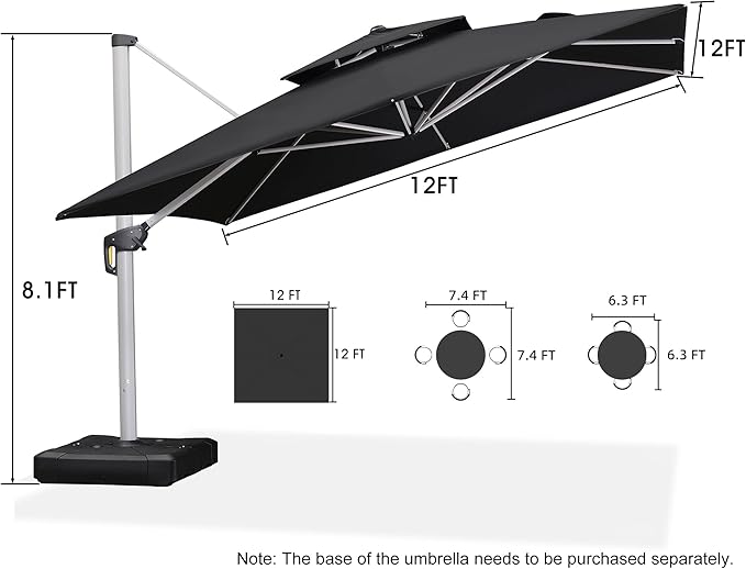 PURPLE LEAF 12 Feet Double Top Deluxe Square Patio Umbrella Offset Hanging Umbrella Cantilever Outdoor Market Umbrella Garden, Black