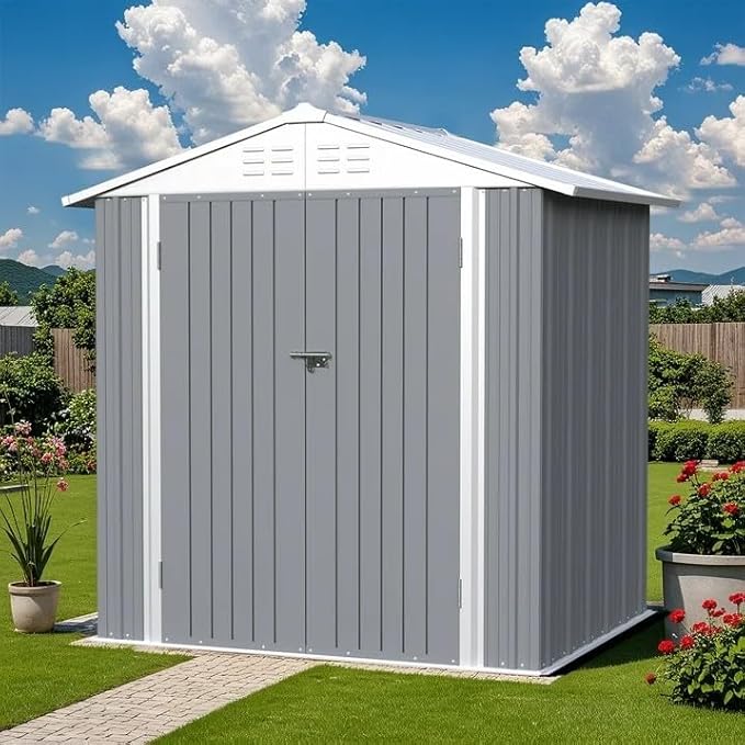 Greesum 6×4FT Outdoor Storage Shed, Metal Patio Storaged Sheds with Lockable Doors, Sheds & Outdoor Storage for Bike, Backyard, Pool and Garden, Gray