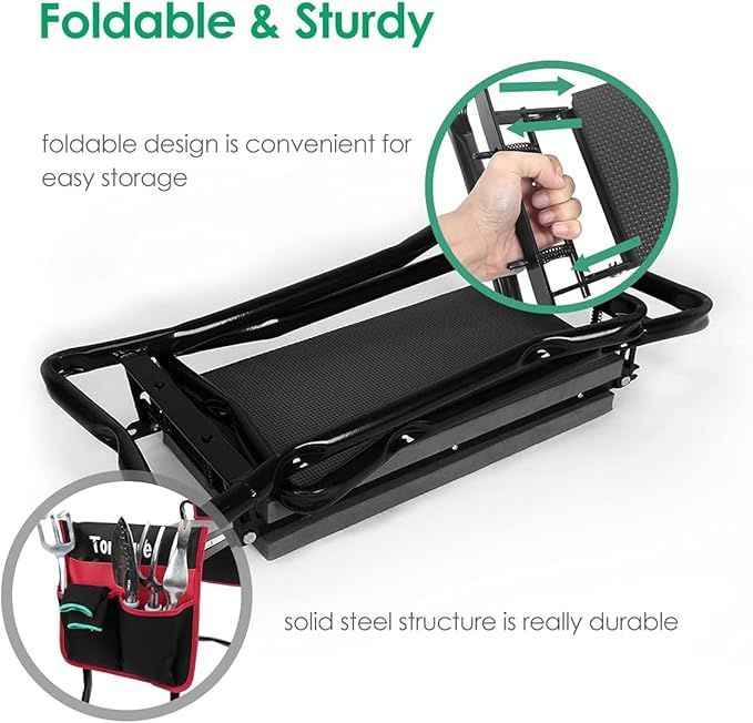 TomCare Garden Kneeler Seat Garden Bench Garden Stools Foldable Stool with Tool Bag Pouch EVA Foam Pad Outdoor Portable Kneeler Christmas Gardening Gifts for Women Men,Large 21.65"x10.62"x18.89",Black