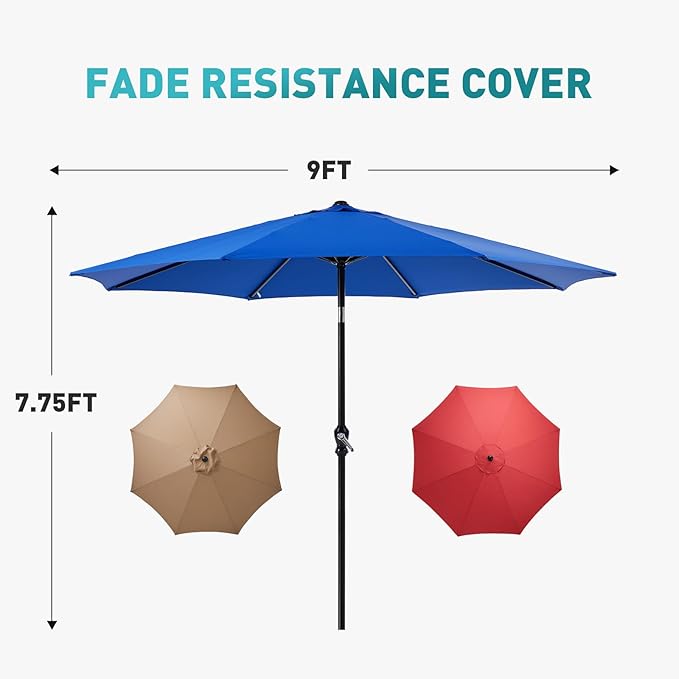 OLIXIS 9ft Patio Umbrella with Tilt and Crank Button & 8 Sturdy Ribs Waterproof, Patio Table Umbrella Perfect for Poolside, Terrace, Beach and Outdoor Restaurant, Blue