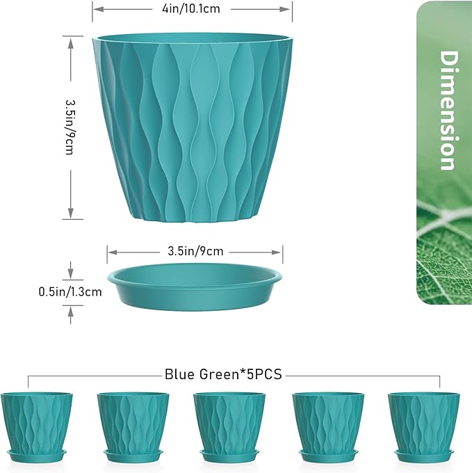 4 inch Small Plastic Nursery Pots, 5 Pack Water Ripples Flower Pots for Indoor Plants, Plant Pots with Drainage Holes and Saucers, Seedling Starter Planters for House Plants, Blue Green