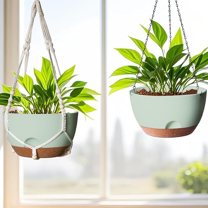 12 Inch Hanging Baskets for Plants Outdoor, Hanging Planters for Indoor Outdoor Plants, Hanging Planter with Self Watering, Hanging Flower Pots (Green Planter with Macrame + Iron Hangers)
