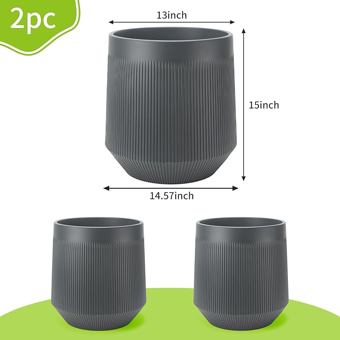 Plant Pots，Set of 2 Plastic Large Pots for Indoor Plants,Flower Pots Outdoor Planters with Drainage Hole and Seamless Saucer,(Gray 15Inches)