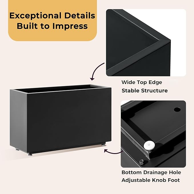 Outdoor Metal Planter Box 26Wx10Dx16H, Large Rectangular Trough Planters, Easy 5-Min Assembly, Modern Plant Container with Drainage Holes, Heavy Duty, Weather Resistant, Black