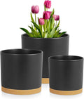 8/7/6 inch Flower Pots, 3 Pack Cylinder Plant Pots for Outdoor Indoor Plants, Decorative Plastic Planters with Drainage Holes and Saucers for Garden House Plants, Black with Brown