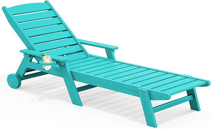 SERWALL Patio Chaise Lounge Chair, 78'' Long HDPE 5 Positions Adjustable Outdoor Lounger, Poly Lounge Chair with Rolling Wheels & Cup Holder for Pool, Aqua Blue