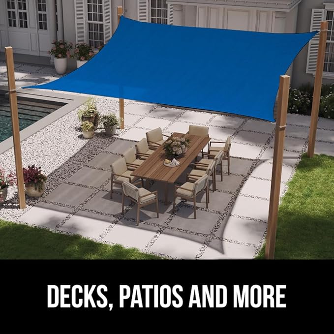 GORILLA GRIP Heavy Duty Sun Shade, UV Protection Fade Tear and Rust Resistant Rectangle Sunshade Canopy, Curved Edges Blocks Sunlight, Breathable Sail, Outdoor Patio, Lawn Garden 10x13 FT Blue