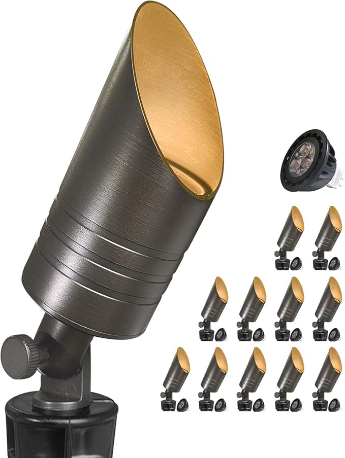 MALORY Brass Outdoor Spot Lights,12V AC/DC Low Voltage LED Landscape Lighting,Waterproof Spot Up Light for Garden,Patio and Yard (S05-Bronze, 12-Pack with Bulb)