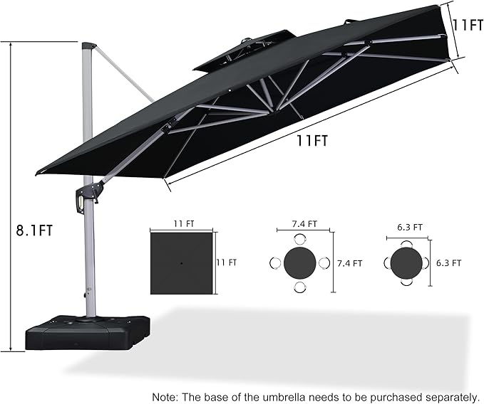 PURPLE LEAF 11 Feet Double Top Deluxe Square Patio Umbrella Offset Hanging Umbrella Outdoor Market Umbrella Garden Umbrella, Black