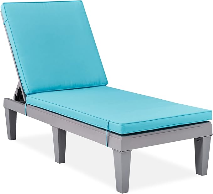 Best Choice Products Outdoor Lounge Chair, Resin Patio Chaise Lounger for Poolside, Backyard, Porch w/Seat Cushion, Adjustable Backrest, 5 Positions, 330lb Capacity - Gray/Teal